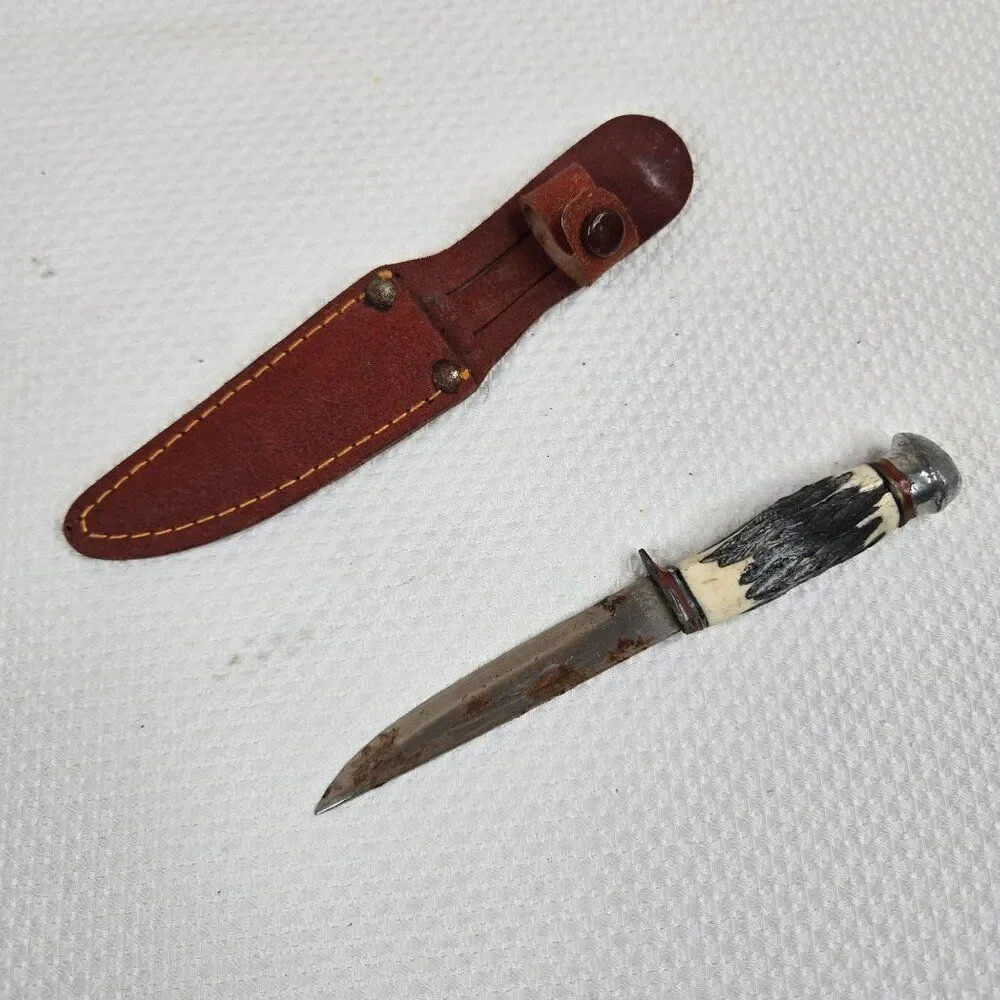 Vintage 60s Fixed Blade Dagger Knife Stag Handle Leather Sheath Japan EA Co